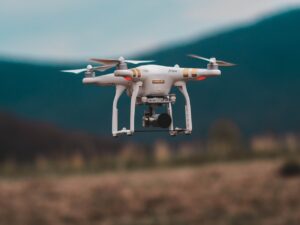 A drone flying in the forest