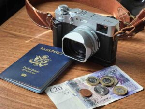 Money, passport, and a camera